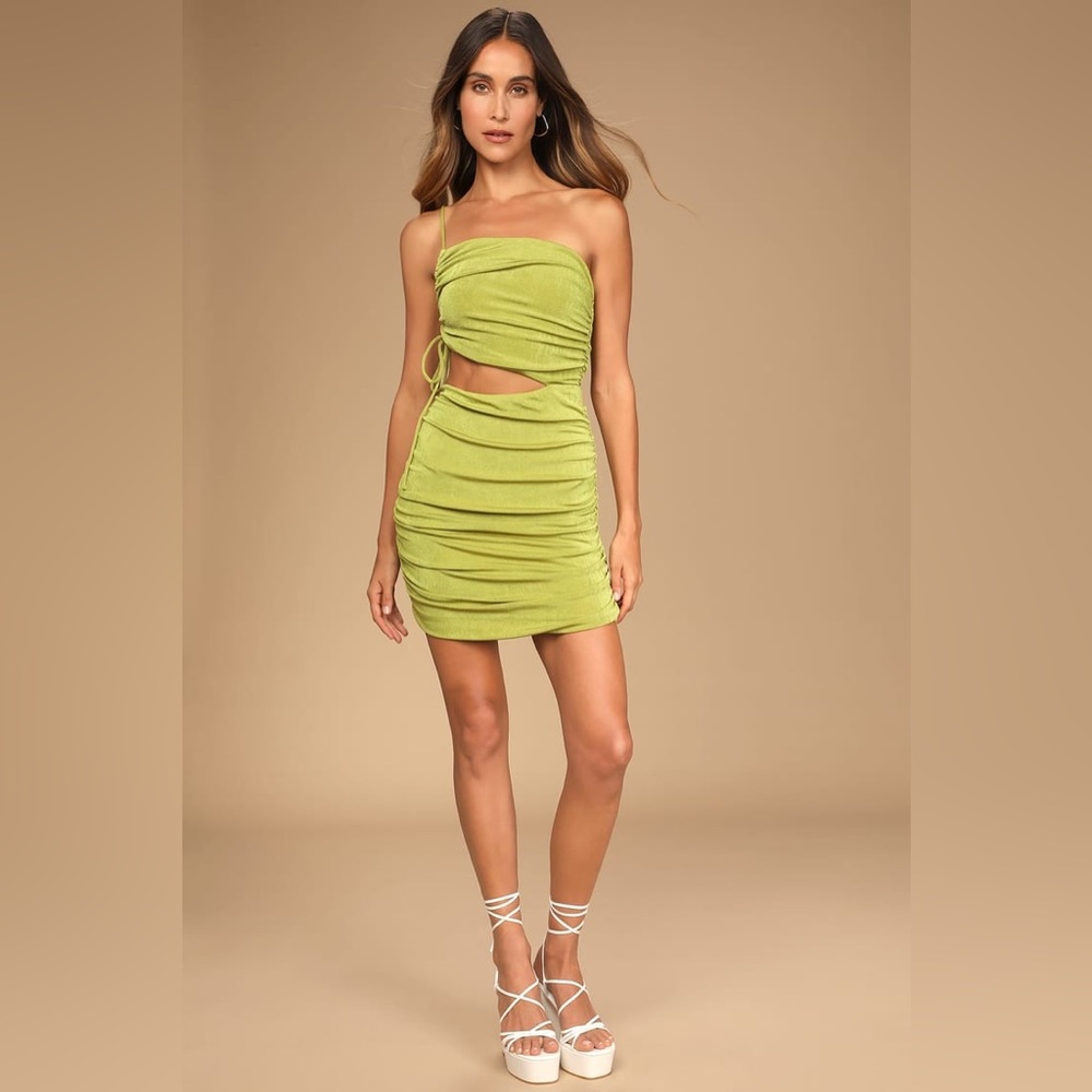 Lulu’s Steal the Show Lime Green One-Shoulder Ruched Bodycon Dress - Size Large